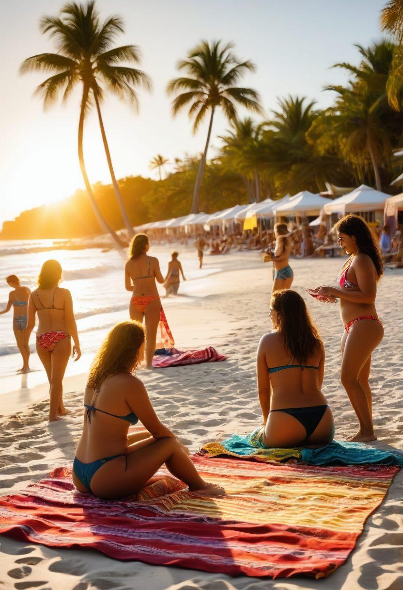 A vibrant beach scene featuring a diverse group of women of various shapes and sizes engaged in a bikini workshop, showcasing different styles and techniques. Warm sunlight illuminates the sandy beach with palm trees in the background, while colorful beach towels and accessories add a playful vibe. A skilled instructor demonstrates fabric patterns and sewing techniques, creating an inviting atmosphere. Captivating ocean waves crash gently in the background. super-realistic. vibrant colors. warm lighting.